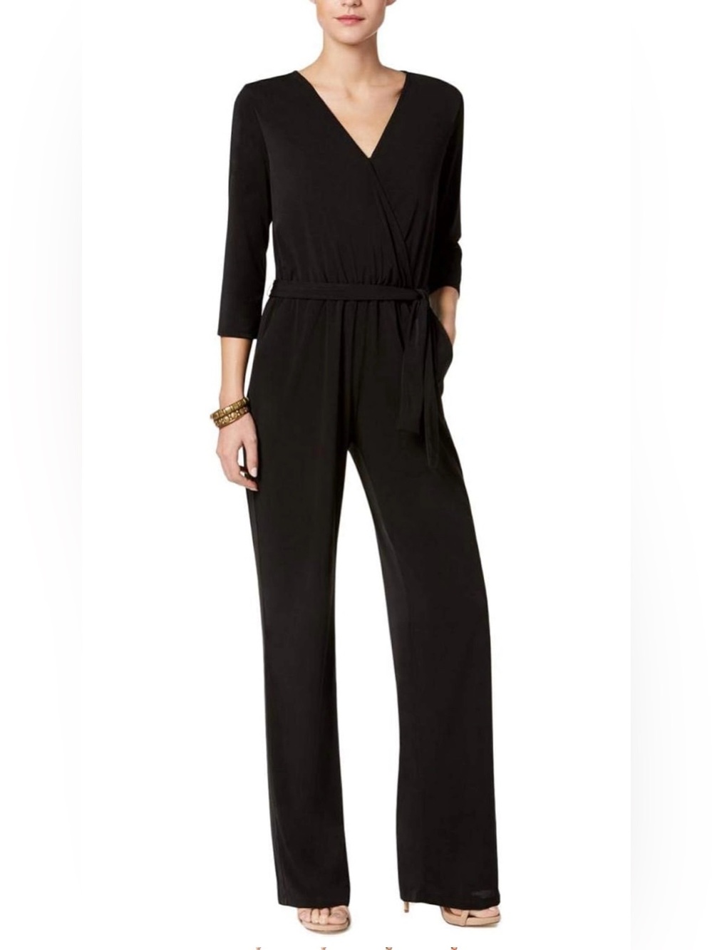 NY Collection Womens Petites Matte Jersey Belted Jumpsuit Size PS